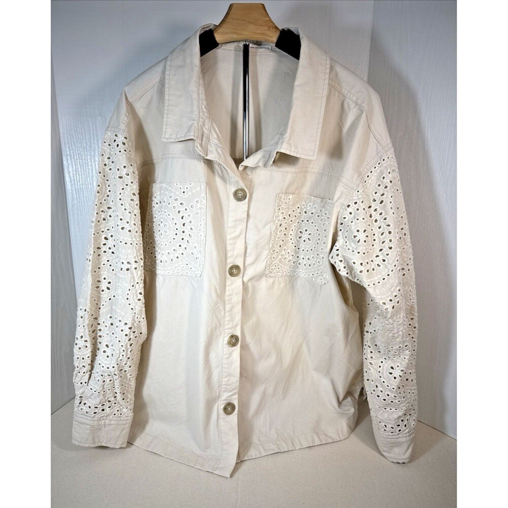 Maurices Cream Eyelet Lace Sleeve Shacket Button Up Utility Jacket Boho Plus Sz